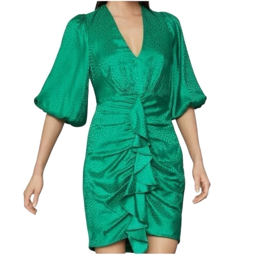 BCBGMaxAzria Emerald Green Ruffled V-Neck Mini Dress